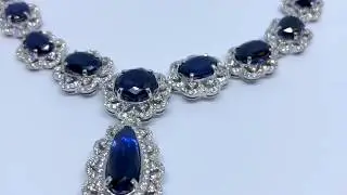 32ct Blue Sapphire Diamond Necklace, 18K White Gold