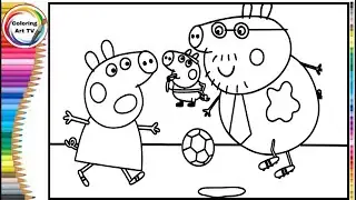 Peppa Pig plays ball with her dad and little George plays referee _ Learn to color the Peppa Pig