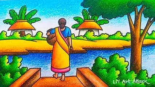 Draw Village Scenery Beautiful Oil Pastel // How To Draw Village Scenery