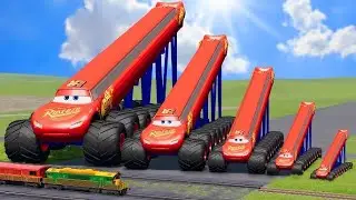Big & Small, Long & Tall Lightning Mcqueen with Monster Truck Wheels vs Trains | BeamNG.Drive