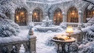 Snowfall Outside the Gothic Library Courtyard | Winter, Wind, Fire, Fireplace Sound ( NO MUSIC )
