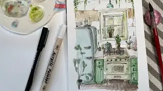 Binaural Beats & Watercolor Sketching | Meditative Art for Relaxation. Green kitchen