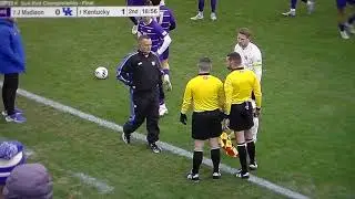 Kentucky's Bjorgolfsson red card & James Madison's Clegg yellow card after incident