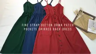 Fine Strap Button Down Patch Pockets Shirred Back Dress
