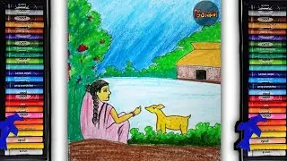 Beautiful Village Girl Feeding a Deer | Easy Village Scenery Drawing for Beginners