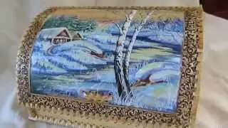 Birch Bark Bread Box Oil Painting Winter River, Handmade Craft Kitchen Storage New!
