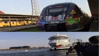 Warnemünde [2015] - S-Bahn Rostock mit ET 442 (+ Werbezug) - AIDAmar Ausfahrt + Schiffshupe - Stadt
