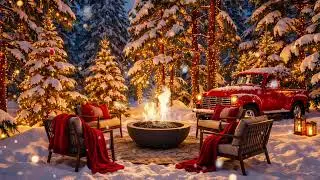Cozy Winter Forest Ambience ❄️ Fire Pit, Falling Snow & Warm Christmas Lights