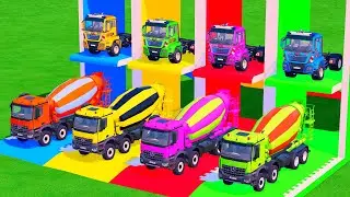 Mixer Trucks of Colors! TRACTOR, FIRE ENGINE, SCANIA, FREIGHTLINER, MAN, DACIA WITH FLATBED TRUCKS
