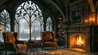 Secret Winter Library Reading Nook: Crackling Fireplace & Gentle Snow for Sleep, Study & Focus