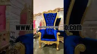 Blue & Gold Throne Chair for party weddings and events www.EventPartyCo.com