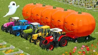 FENDT vs CLAAS vs RIGITRAC vs FIAT TRACTORS BATTLE WITH GIANT PUMPKINS ON HALLOWEEN ROUTE - FS 22