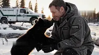 A tiny baby bear is stranded on a slowly breaking ice sheet in a wide frozen river