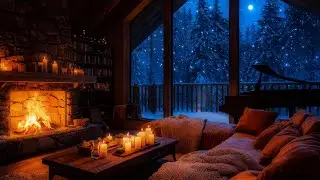 Warm Fireplace Ambience | Cozy Winter Night with Fireplace Crackling Sounds & Soft Piano Music