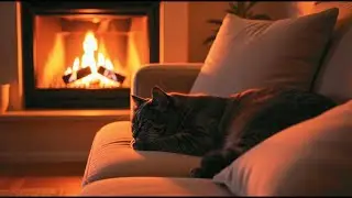 Quiet Night Ambience with Cat Sleep Music &ndash; Fireplace ASMR with Slow Piano for Total Calm
