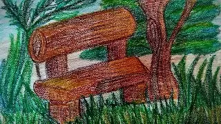 Park bench - Nature Drawing - Landscape - Satisfying Art - Crayons -  Wooden Bench - Tree 