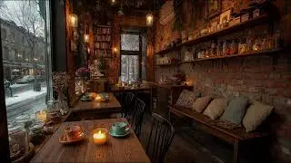 Winter Coffee Shop with Snow Falling Gently Outside and Piano Music for a Peaceful Night
