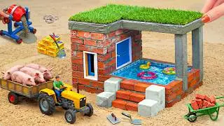DIY Mini Tractor Building a Brick & Concrete House with Pool | Mini Construction Science Project