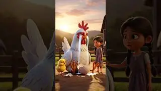 Emotional 3D Cartoon Scene Crying Hen, Chick and Little Girl in Village Sunset #ai #girl #village