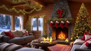 Warm Christmas Cabin Living Room ❄️ Fireplace & Snowy Lake View | 4K