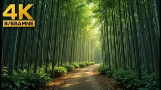 Vibrant Green Bamboo Forest Grove with Sunlit Path, Dense Stalks, and Lush Tropical Foliage