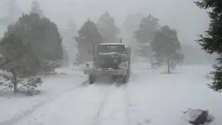 M813A2 5-ton Military truck driving in heavy snow storm on forest road
