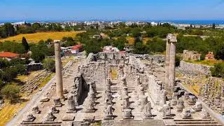 Dolly zoom. Didim, Turkey. Drone view of Apollo Temple at Didyma, showcasing massive scale and He...