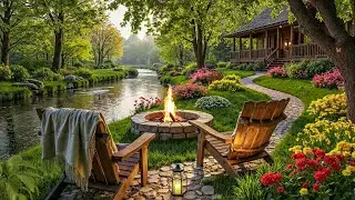 Уютный весенний сад у ручья 🌿 Музыка фортепиано и звуки костра