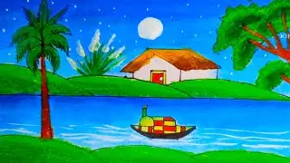 How to Draw a Beautiful Moonlight Village Scenery Step by Step | Oil Pastel Drawing