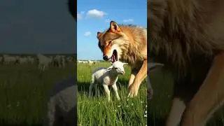 A wolf that attacks a small sheep, but then the flock of sheep attack it and make it run away.