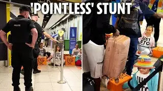 Dramatic moment Just Stop Oil idiots block gates at Gatwick - only for passengers to walk over them