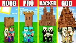 Minecraft Battle: DIRT CASTLE HOUSE BUILD CHALLENGE - NOOB vs PRO vs HACKER vs GOD / Animation BLOCK
