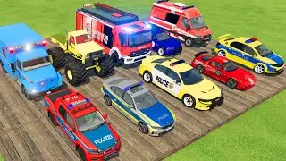 TRANSPORTING CARS, AMBULANCE, POLICE CARS, FIRE TRUCK, MONSTER TRUCK OF COLORS! WITH TRUCKS! - FS 22