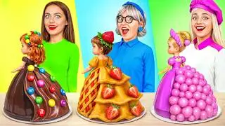 Me vs Grandma vs Barbie Cooking Challenge! Cake Decorating in Pink Color by YUMMY JELLY