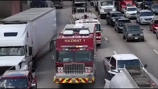 Houston Fire Department Foam Truck 22 and Hazmat 1022 responding to a 18 Wheeler Container Spill.