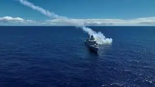 HNLMS Tromp fires Harpoon missile at USS Tarawa during SINKEX RIMPAC 2024