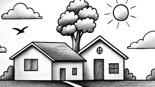 How to draw house 🏠 Ghar ka Chitra banana sikhayen | prakratik drishya drawing 