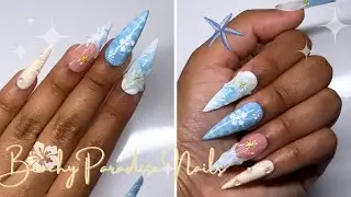 Tropical Beach Press On Nails🏝| Textured Seashell Nails | Water Effect Tutorial!