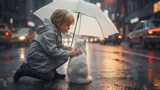 A Beautiful Child Showing Kindness to a Cat in a Rainy Atmosphere &mdash; A Heartwarming Scene
