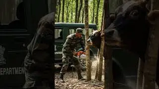 A forest department jawan rescued a cow stuck between trees