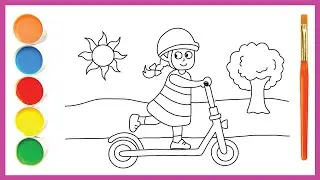 Drawing and Coloring Automatic Scooters, Beautiful Little Girls  #drawing #drawingforkids