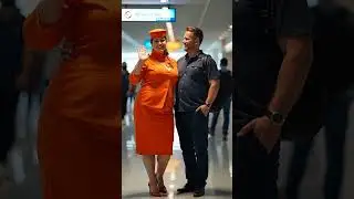Elegant Air Hostess in Orange Uniform Standing at Dubai Airport Terminal