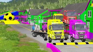 Double Flatbed Trailer Truck vs Speedbumps | Train vs Cars | Tractor vs Train | BeamNG.Drive #7