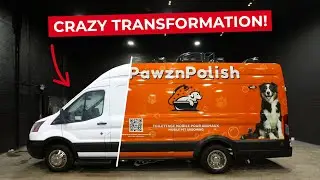 Custom print vinyl wrap install for mobile dog grooming business on Ford 350 Transit
