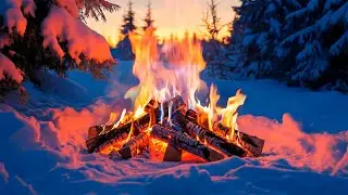 🔥 Тихий зимний костер 4K ❄️ Нежные звуки огня в заснеженном лесу