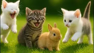 Lovely Kittens Playing on Green Grass with Their Animal Friends &ndash; Cat Meowing Sounds