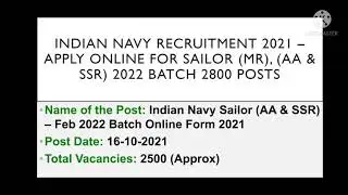INDIAN NAVY RECRUITMENT 2021 SAILOR (AA & SSR), MR
