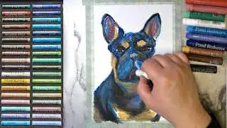 Blue French Bulldog Oil Pastel Drawing|Modern Pet Portrait|Blaue Franz&ouml;sischeBulldogge mit &Ouml;lkreiden