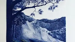 Ballpen art | Blue colored Pen | Mountain scenery | DENIS SAOR Art