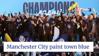 #Champions #ManchesterCity paint town blue with open top bus #parade